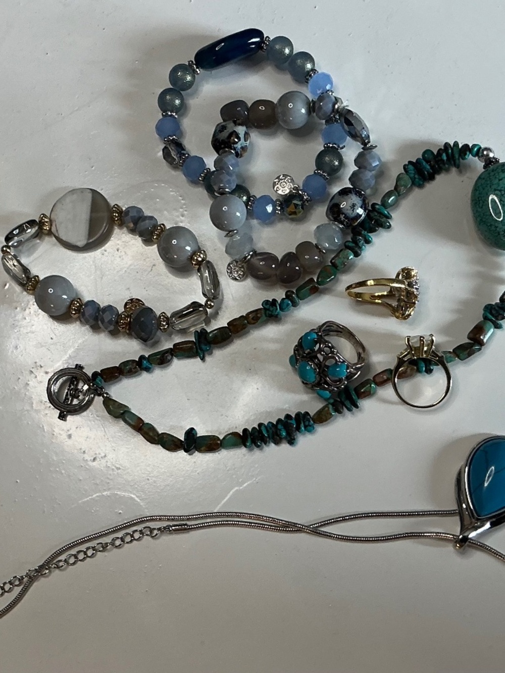 Costume jewelry stone and silver 3 bracelets 3 rings 2 necklaces